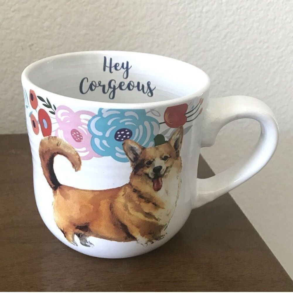 Hey Corgeous! Corgi Dog Puppy Coffee Tea Mug 
White Multicolor Floral Gift Idea